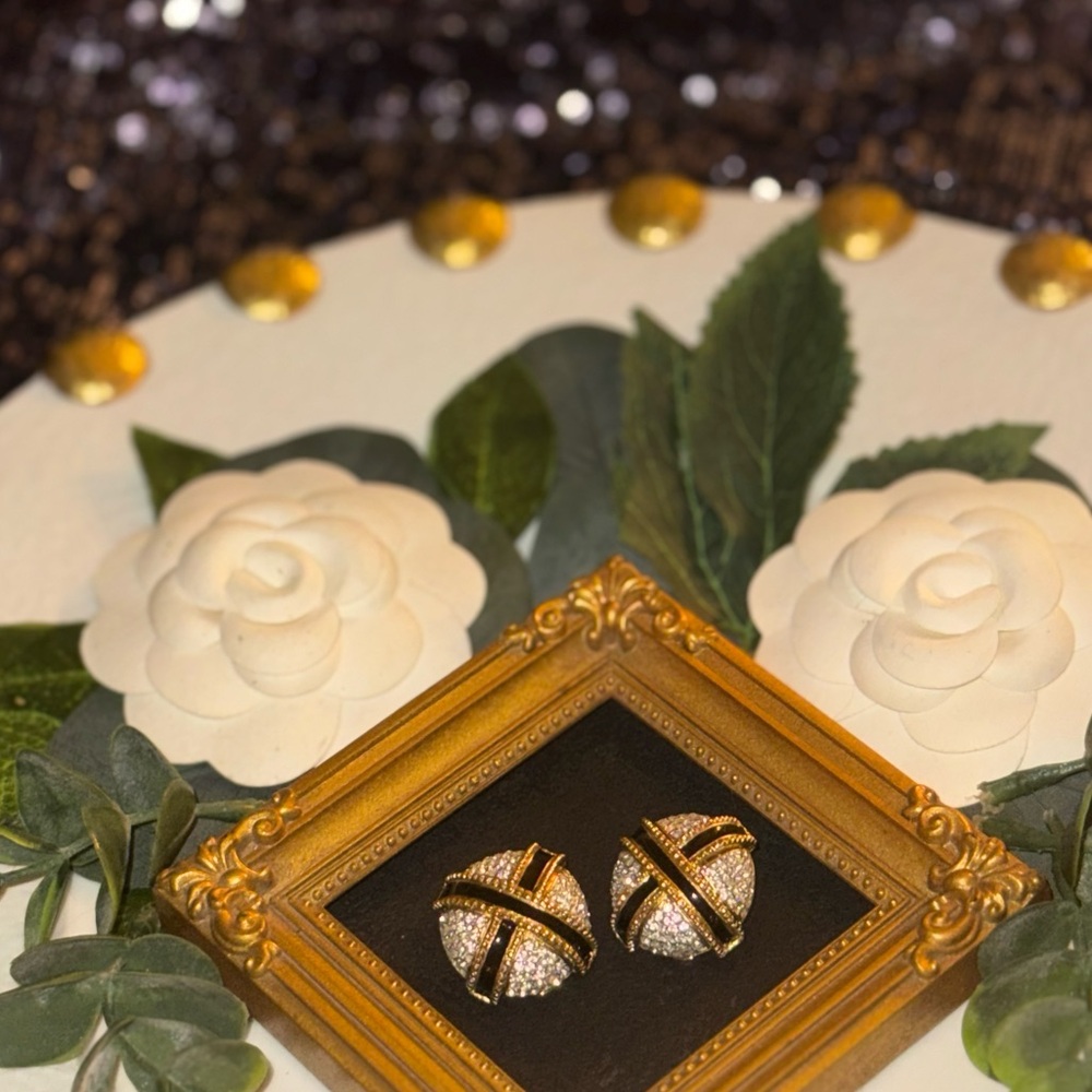 Elegant Gold-tone Clip on Earrings With Black Enamel X And Crystals - Picture 10 of 16